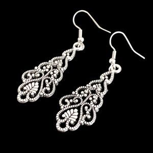Dark Silver Scroll Drop Earrings - 2” Long Dangle